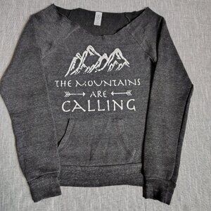 The Mountains Are Calling Sweatshirt Dark Grey Distressed Crewneck XS